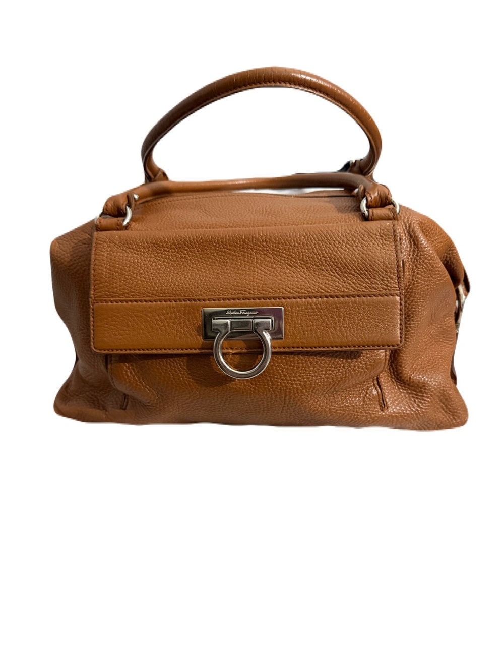 Salvatore Ferragamo Brown Pebbled Leather Satchel with Gancini Hardware